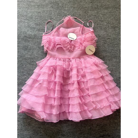 NWT $595 Staud Pink Florian Tiered Ruffle Halter Tulle Organza Minidress Sz 8 - Picture 13 of 16